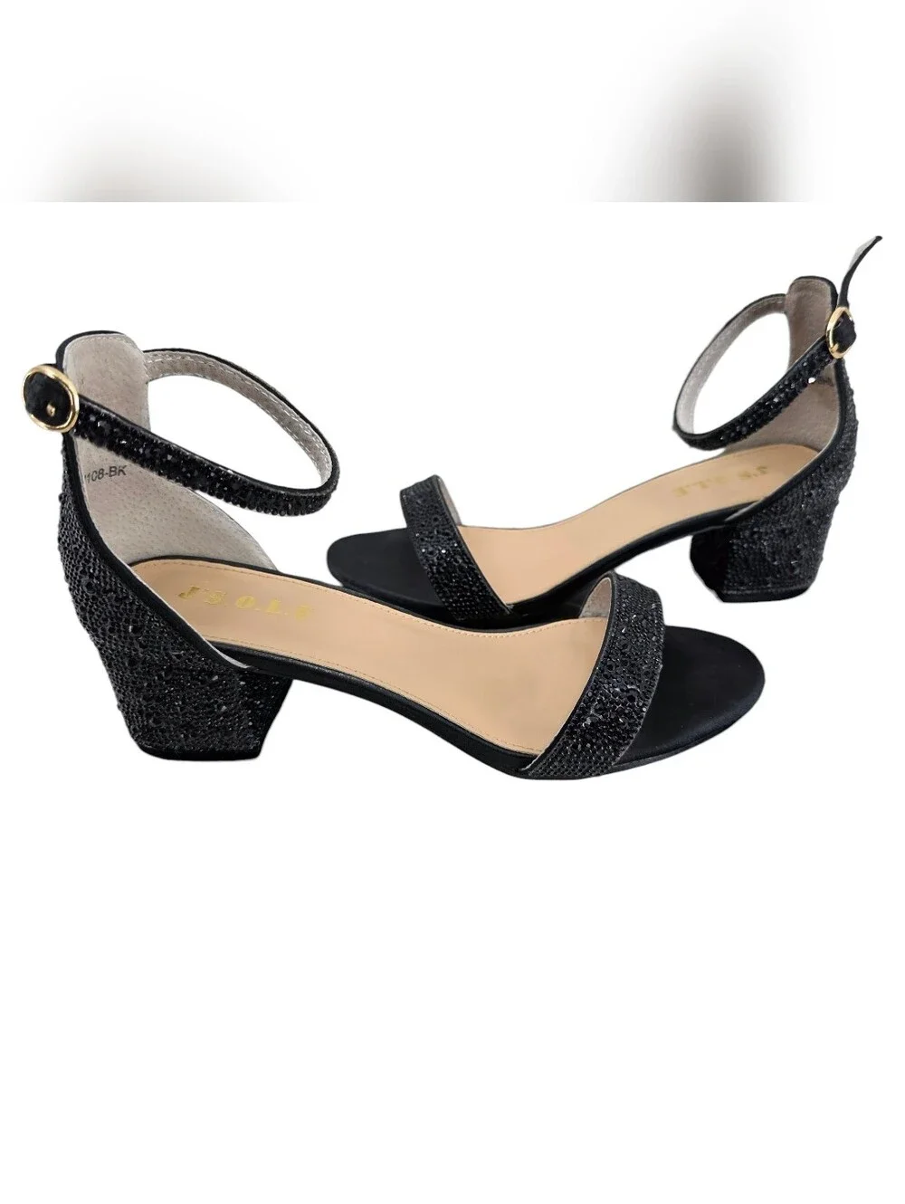 J' s.o.l.e. Black Sparkly Rhinestones Open Toe Block Heel Women's Size 8 Dance